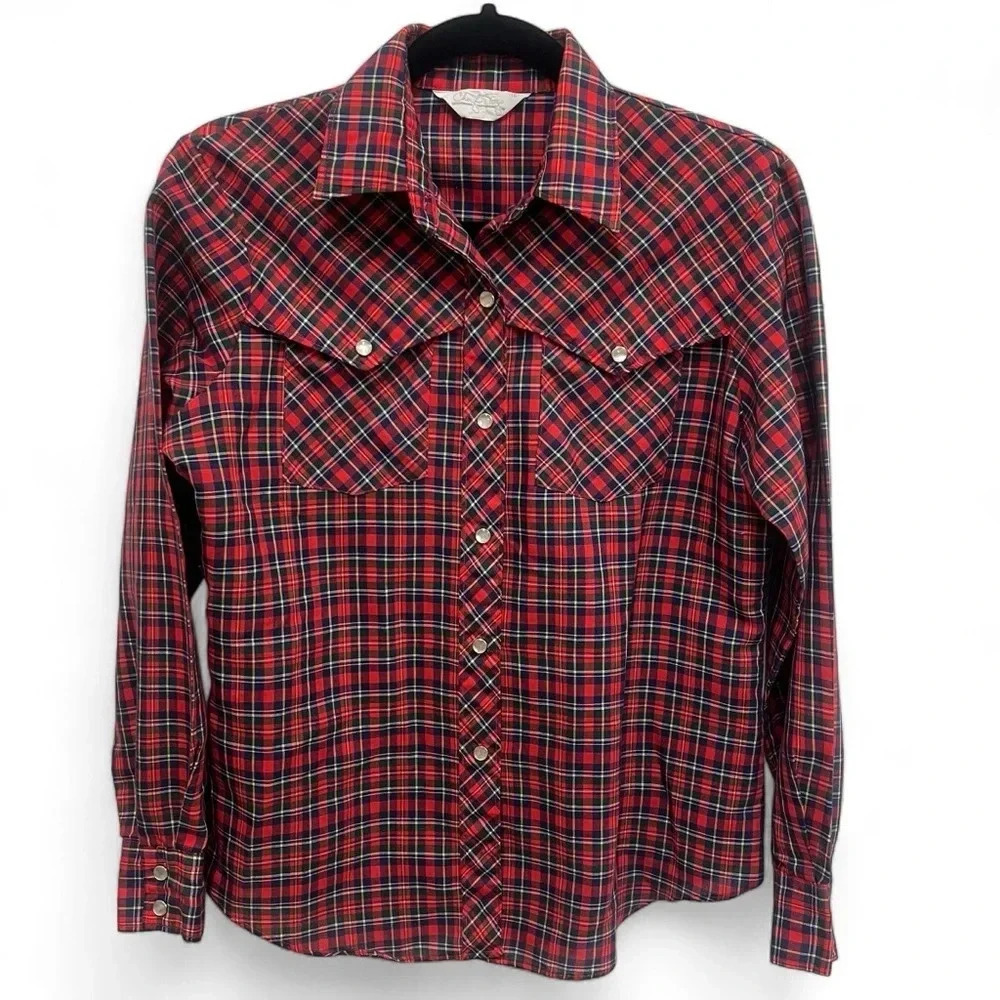 Vintage 80s Cheryl Tiegs Plaid Pearl Snap shirt with front pockets size 12